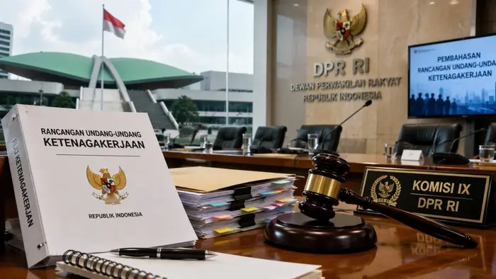 Ilustrasi editorial bergaya realistis menampilkan ruang rapat DPR RI dengan dokumen RUU Ketenagakerjaan, palu sidang, dan tumpukan berkas legislasi di atas meja rapat berlatar Gedung DPR RI.