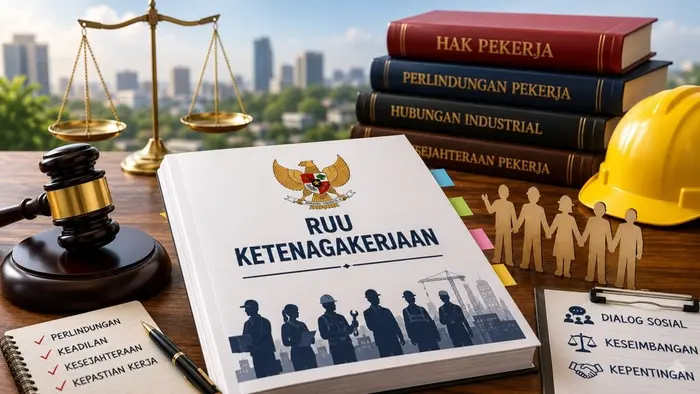Ilustrasi editorial bergaya realistis menampilkan dokumen RUU Ketenagakerjaan di atas meja bersama palu sidang, timbangan keadilan, helm keselamatan kerja, serta siluet pekerja.