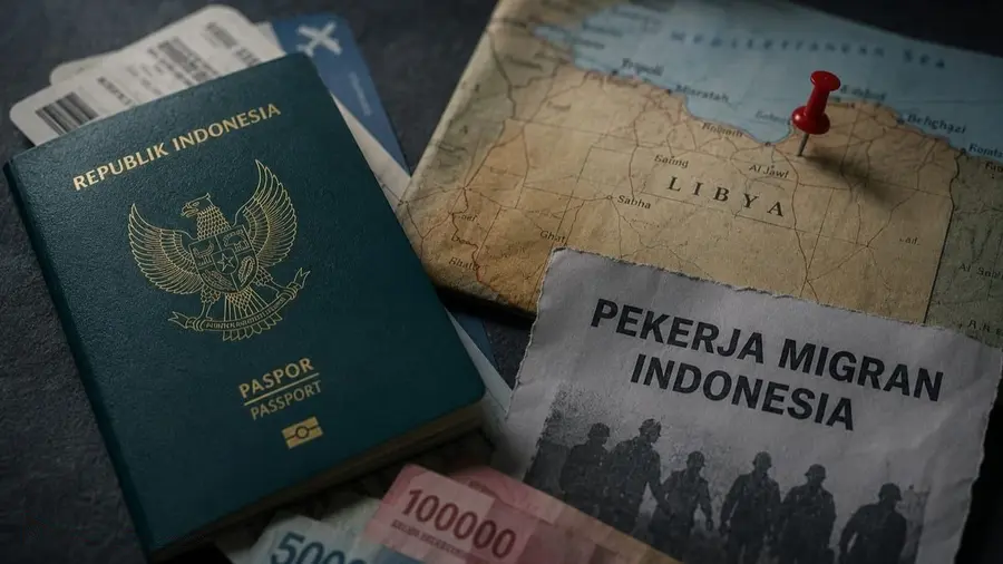 Ratusan PMI Jadi Korban Sindikat TPPO di Libya, Pelaku Raup Cuan Rp11,6 Miliar Foto memperlihatkan paspor Republik Indonesia berwarna hijau tua dengan lambang Garuda keemasan, diletakkan bersama tiket pesawat dan lembar boarding pass di sisi kiri.