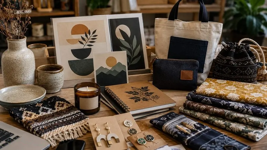 DPR Dorong KUR Ekraf Diperkuat di Berbagai Daerah Ilustrasi realistis menampilkan aneka produk ekonomi kreatif Indonesia yang tersusun di atas meja kayu, meliputi tas kain, dompet, keramik, kain bermotif, aksesori, buku desain, karya ilustrasi, dan produk kerajinan tanpa logo atau merek tertentu.