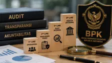 Ilustrasi menampilkan simbol BPK, dokumen audit, kaca pembesar, serta empat tingkatan pengawasan yang menggambarkan lini operasional, manajemen risiko, audit internal, dan auditor eksternal.