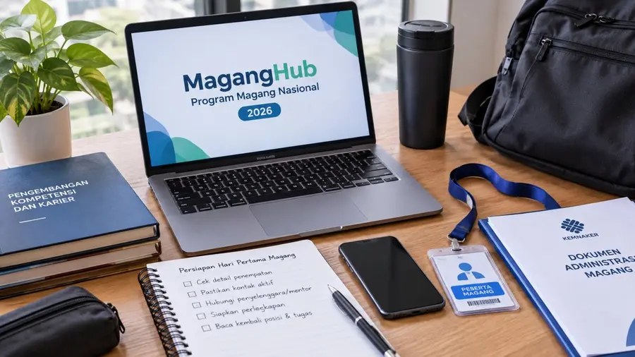 MagangHub Tahap 2 Resmi Mulai Hari Ini, Peserta Wajib Cek Lima Hal Ini Dulu Ilustrasi menampilkan perlengkapan kerja seperti laptop, buku catatan, kartu identitas, dan dokumen di atas meja sebagai gambaran persiapan peserta sebelum memulai kegiatan magang. Visual dibuat sederhana, realistis, dan bernuansa profesional tanpa menampilkan orang.