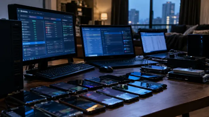 Ilustrasi memperlihatkan sejumlah perangkat elektronik berupa komputer, laptop, dan telepon genggam yang digunakan dalam aktivitas digital, dengan suasana ruangan apartemen yang dibuat redup dan dramatis.
