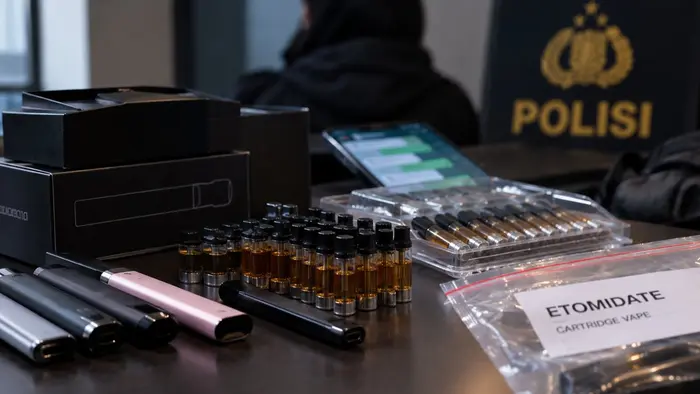 Ilustrasi menampilkan sejumlah perangkat vape dan cartridge dalam kemasan barang bukti di atas meja, dengan suasana penindakan kepolisian yang dibuat samar di latar belakang. Visual dibuat realistis dan bernuansa jurnalistik tanpa menampilkan identitas orang.