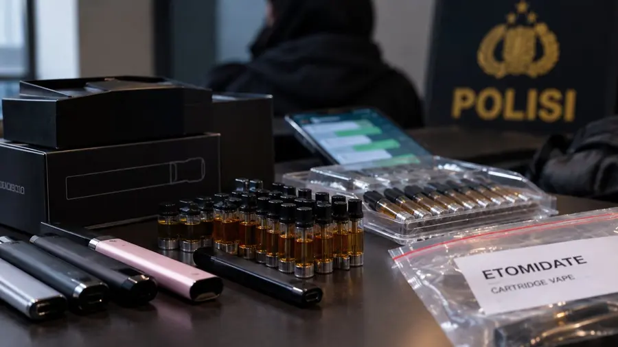 Polisi Bongkar Jaringan Vape Ilegal dari Bandar Asal China Ilustrasi menampilkan sejumlah perangkat vape dan cartridge dalam kemasan barang bukti di atas meja, dengan suasana penindakan kepolisian yang dibuat samar di latar belakang. Visual dibuat realistis dan bernuansa jurnalistik tanpa menampilkan identitas orang.