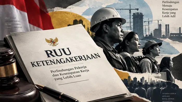 Ilustrasi editorial menampilkan dokumen RUU Ketenagakerjaan, palu hukum, dan pena sebagai simbol proses legislasi. Di latar terlihat pekerja serta kawasan industri yang merepresentasikan perlindungan tenaga kerja, perluasan kesempatan kerja, dan perkembangan sektor manufaktur Indonesia