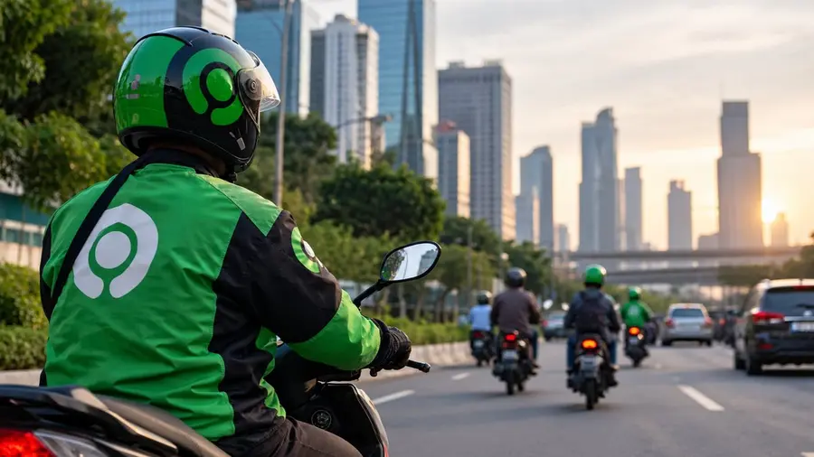 Tak Semua Ojol Ingin Jadi Karyawan, Akademisi Ingatkan Pemerintah Jangan Samakan Aspirasi Ilustrasi menampilkan sepeda motor dengan helm dan jaket pengemudi ojek online di area perkotaan. Visual menggambarkan aktivitas pengemudi ojol serta isu mengenai fleksibilitas kerja, status hukum, dan perlindungan sosial.