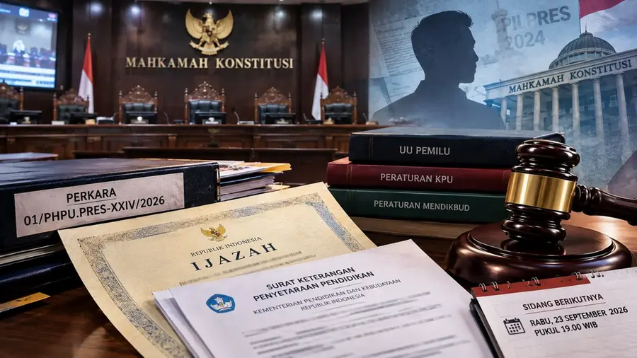 Gugatan Baru ke MK Soal Ijazah Gibran: Surat Setara SLTA Terbit Kurang dari 24 Jam Ilustrasi jurnalistik menampilkan ruang sidang Mahkamah Konstitusi sebagai latar, dengan ijazah, surat keterangan penyetaraan pendidikan, berkas perkara, buku peraturan, dan palu hakim di bagian depan. Visual menggambarkan sengketa hukum terkait keabsahan dokumen pendidikan dan pemenuhan syarat pencalonan dalam Pilpres 2024. Elemen dokumen dibuat sebagai ilustrasi dan tidak dimaksudkan sebagai reproduksi dokumen asli.