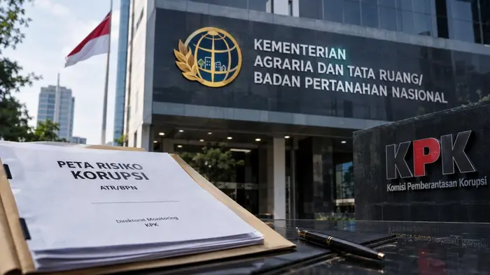 Ilustrasi menampilkan gedung Kementerian Agraria dan Tata Ruang/Badan Pertanahan Nasional (ATR/BPN) dengan bendera Merah Putih serta monumen KPK di latar depan. Sebuah dokumen bertema pemetaan risiko korupsi ATR/BPN terlihat di atas meja, menggambarkan upaya pencegahan korupsi dan pengawasan layanan publik di lingkungan kementerian.