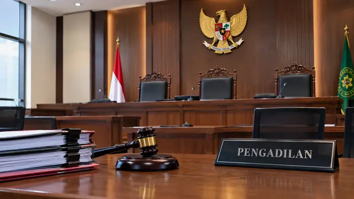 Foto ilustrasi jurnalistik menampilkan ruang persidangan dengan meja hakim, palu sidang, berkas perkara, dan lambang Garuda Pancasila sebagai representasi proses persidangan kasus dugaan suap dan gratifikasi. Foto dibuat tanpa menampilkan orang.