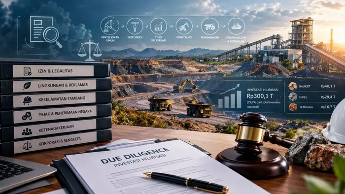 Ilustrasi jurnalistik memperlihatkan aktivitas pertambangan terbuka dan fasilitas pengolahan mineral sebagai gambaran investasi hilirisasi pertambangan. Di bagian depan terdapat dokumen due diligence, palu hukum, serta berkas yang merepresentasikan pemeriksaan izin dan legalitas, kewajiban reklamasi, keselamatan tambang, pajak, ketenagakerjaan, serta sengketa korporasi.
