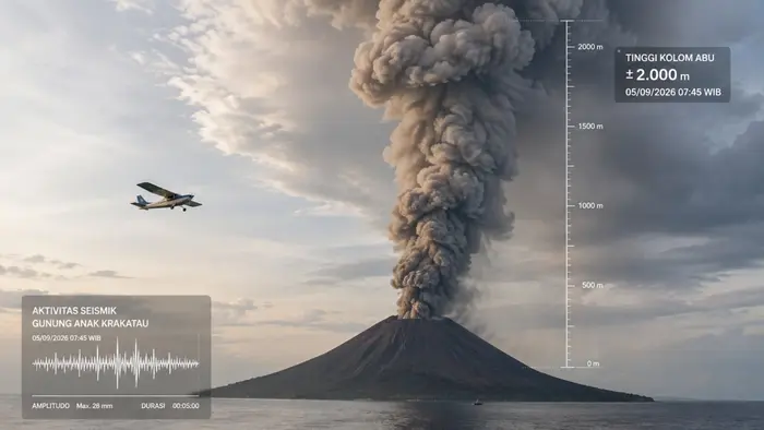 Ilustrasi jurnalistik menampilkan Gunung Anak Krakatau yang sedang erupsi dengan kolom abu vulkanik membumbung tinggi ke langit. Sebuah pesawat kecil terlihat melintas di sisi kiri, sementara elemen visual berupa garis pengukur ketinggian dan grafik aktivitas seismik menggambarkan pemantauan erupsi serta potensi dampaknya terhadap jalur penerbangan.