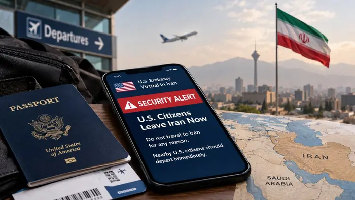 Ilustrasi menampilkan paspor Amerika Serikat, ponsel dengan peringatan keamanan, serta bendera Iran dan suasana kota di latar belakang. Visual menggambarkan imbauan perjalanan dan kewaspadaan warga AS terkait situasi keamanan di Iran.