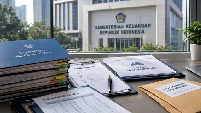 Ilustrasi menampilkan gedung Kementerian Keuangan dengan bendera Merah Putih, sementara di bagian depan terdapat dokumen terkait rotasi pejabat, assessment, dan talent management. Visual dibuat realistis dan sederhana untuk menggambarkan proses evaluasi penempatan pejabat di lingkungan Kemenkeu.