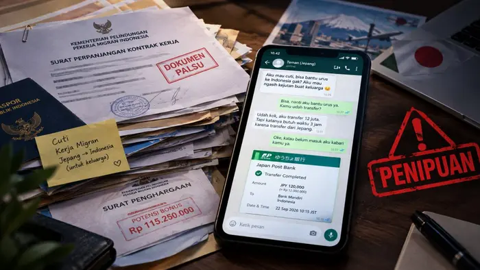 Ilustrasi jurnalistik menampilkan tumpukan dokumen pengurusan cuti pekerja migran dan sebuah telepon seluler yang memperlihatkan percakapan terkait permintaan transfer uang. Beberapa dokumen diberi penanda ilustratif “DOKUMEN PALSU” dan “POTENSI BONUS”, sementara tanda peringatan “PENIPUAN” memperkuat gambaran modus pencatutan identitas. Visual dibuat tanpa menampilkan pelaku maupun korban secara langsung, dengan latar bernuansa Indonesia–Jepang.