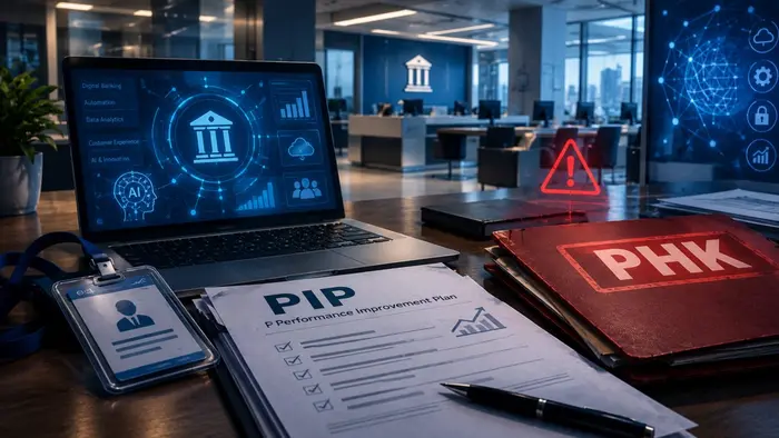 suasana kantor perbankan modern dengan laptop yang memperlihatkan teknologi digital banking, otomatisasi, dan kecerdasan buatan. Di bagian depan terdapat dokumen bertuliskan “PIP – Performance Improvement Plan” dan map merah bertuliskan “PHK”, disertai simbol peringatan. Visual menggambarkan isu perselisihan ketenagakerjaan di tengah transformasi digital sektor perbankan, tanpa menampilkan sosok manusia.