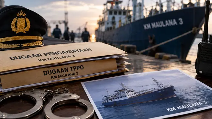 Ilustrasi menampilkan berkas penyidikan, borgol, atribut kepolisian, dan foto kapal KM Maulana 3 di kawasan pelabuhan. Unsur-unsur tersebut menggambarkan proses penegakan hukum atas dugaan penganiayaan dan perdagangan orang yang menimpa empat ABK. Visual bernuansa dokumenter jurnalistik ini merepresentasikan penyelidikan kepolisian tanpa menampilkan identitas maupun kondisi korban secara langsung.