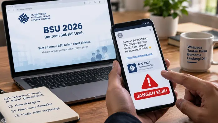 Ilustrasi tautan mencurigakan yang mengatasnamakan BSU 2026. Kemnaker mengimbau masyarakat tidak mengeklik tautan dari sumber yang belum terverifikasi.