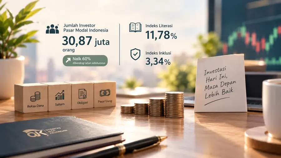 Investor Tembus 30,87 Juta, tapi Literasi Pasar Modal RI Baru 11,78 Persen Ilustrasi meja kerja bernuansa hangat dengan data pasar modal di bagian atas: jumlah investor 30,87 juta orang naik 60 persen dibandingkan tahun sebelumnya, indeks literasi 11,78 persen, dan indeks inklusi 3,34 persen