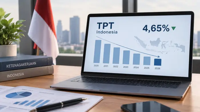 Ilustrasi menampilkan laptop dengan grafik tingkat pengangguran terbuka (TPT), dokumen statistik ketenagakerjaan, dan bendera Merah Putih di latar belakang. Visual menggambarkan data kondisi pasar kerja Indonesia serta perkembangan angka pengangguran nasional.