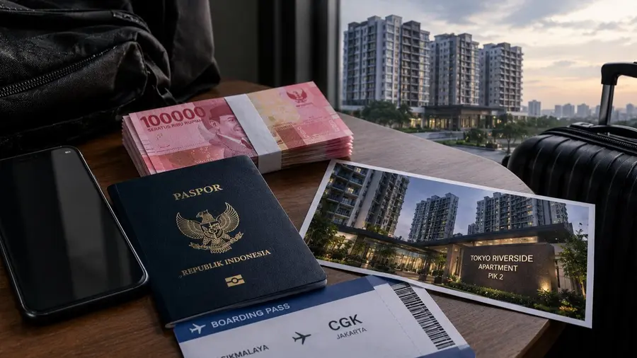 Modus Pengantin Pesanan: Siswi SMK Diduga Dibujuk Uang Lewat Media Sosial Tumpukan uang pecahan Rp100.000, paspor Indonesia, tiket pesawat rute Tasikmalaya–Jakarta (CGK), dan telepon seluler di atas meja kayu. Di sebelahnya ada foto gedung apartemen bertuliskan "Tokyo Riverside Apartment PIK 2". Koper hitam terlihat di sisi kanan, dengan latar gedung apartemen dari jendela.