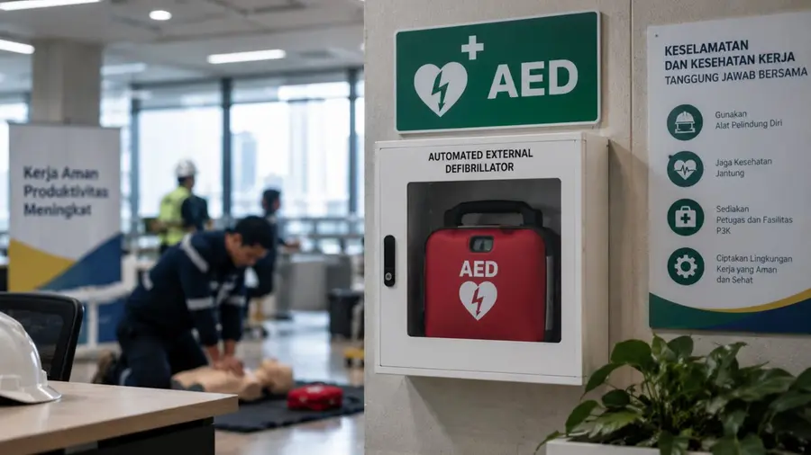 Kemnaker Dorong Perusahaan Sediakan AED, Lima Menit Pertama Penentu Nyawa Pekerja Ilustrasi jurnalistik menampilkan perangkat AED di lingkungan kerja sebagai bagian dari fasilitas keselamatan dan kesehatan kerja (K3) untuk mendukung penanganan darurat medis.