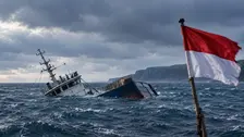 Dua bagian kapal yang miring dan setengah tenggelam di laut berombak dengan langit mendung. Di sisi kanan tampak bendera merah putih yang berkibar, sedangkan tebing karang terlihat di kejauhan.