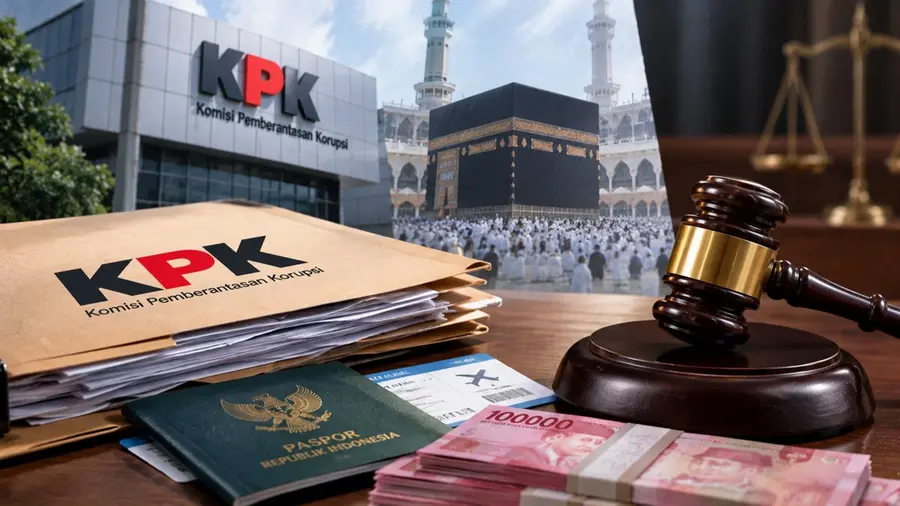 KPK Hadirkan Bos Maktour Fuad Hasan sebagai Saksi Sidang Kuota Haji Ilustrasi menampilkan berkas perkara KPK, paspor Indonesia, dokumen perjalanan haji, tumpukan uang rupiah, serta palu sidang. Di latar belakang terlihat ilustrasi gedung KPK dan Ka'bah yang merepresentasikan perkara dugaan korupsi kuota haji, sementara palu sidang menggambarkan proses hukum yang sedang berlangsung.