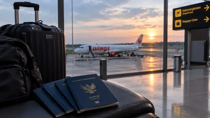 Empat paspor Indonesia tersusun di atas kursi ruang tunggu bandara, dengan koper hitam dan tas ransel di sampingnya. Di balik kaca, pesawat berlogo "wings" terparkir di landasan saat matahari terbenam. Papan petunjuk "Keberangkatan" dan "Baggage Claim" terlihat di sisi kanan atas.