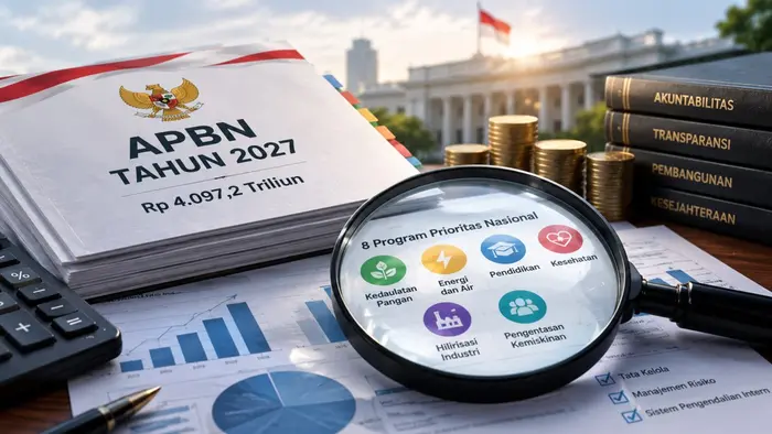 Ilustrasi dokumen bersampul "APBN Tahun 2027 Rp4.097,2 Triliun" dengan lambang Garuda. Di depannya, kaca pembesar menampilkan ikon "8 Program Prioritas Nasional", antara lain kedaulatan pangan, energi dan air, pendidikan, kesehatan, hilirisasi industri, dan pengentasan kemiskinan